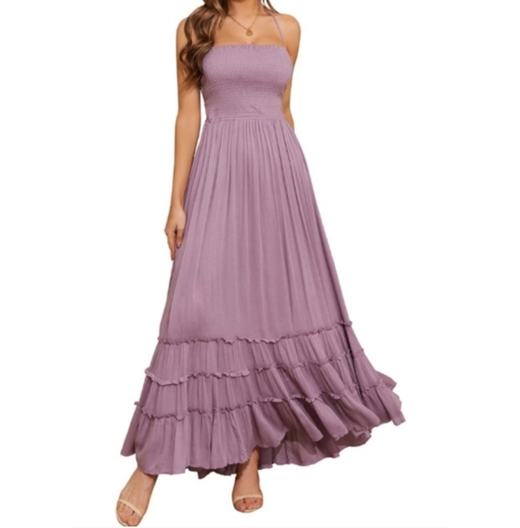 Lavender Lilac Long Gauze Boho Maxi Dress Tiered Flowy Bohemian Beach Vacation - Picture 5 of 15